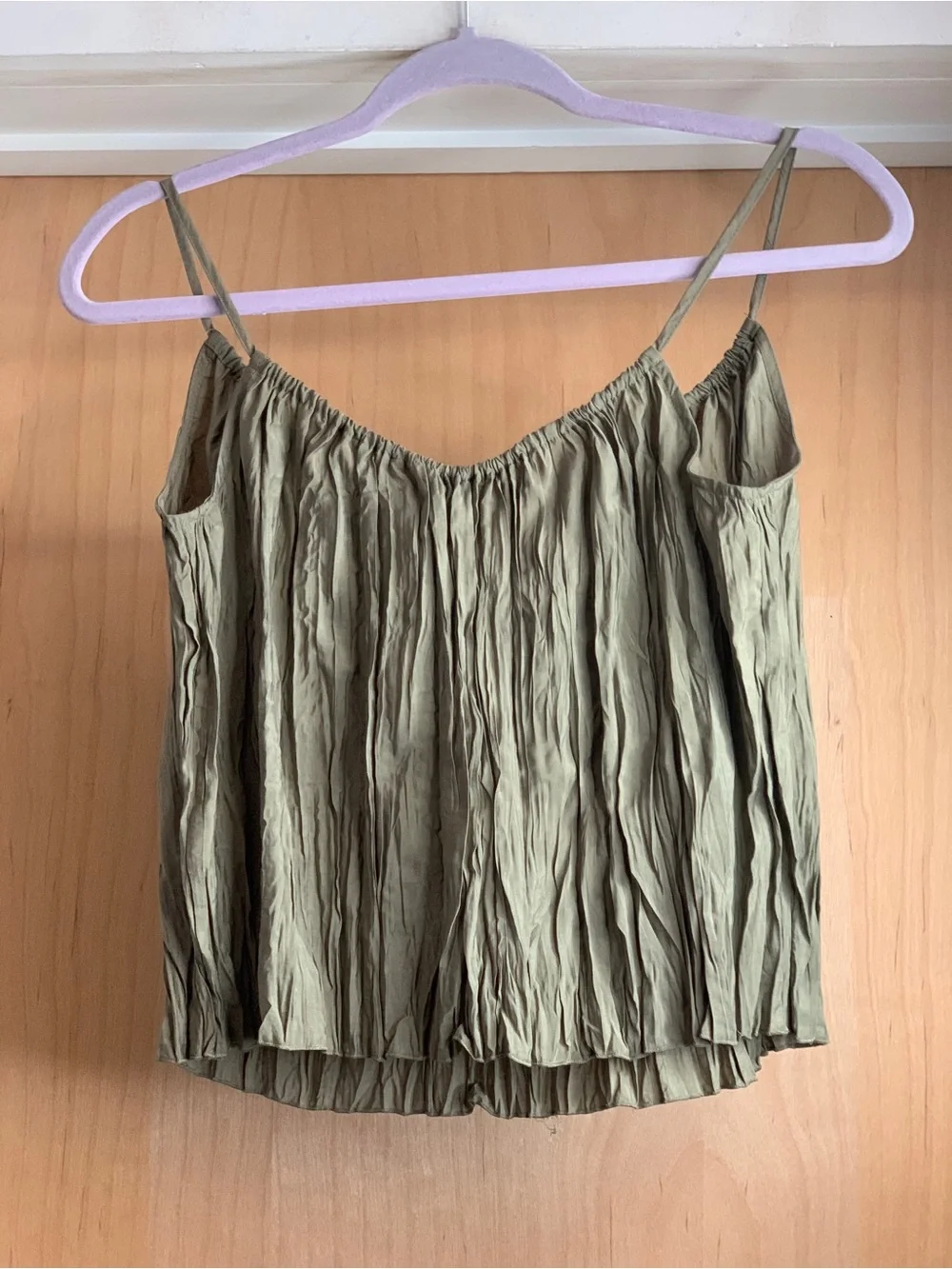 J. Crew Olive Crinkle Spaghetti-Strap Top with Front Tie Size-Small Coastal Boho
